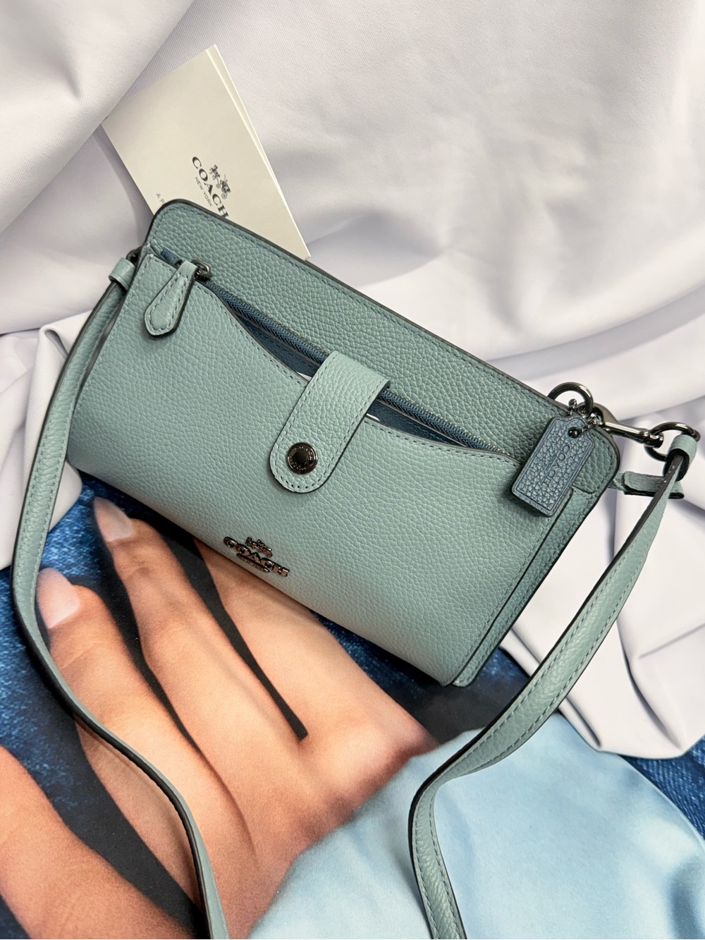 (new+tag) Coach Pop-Up Pebbled Leather Colorblock Crossbody in Cloud Blue